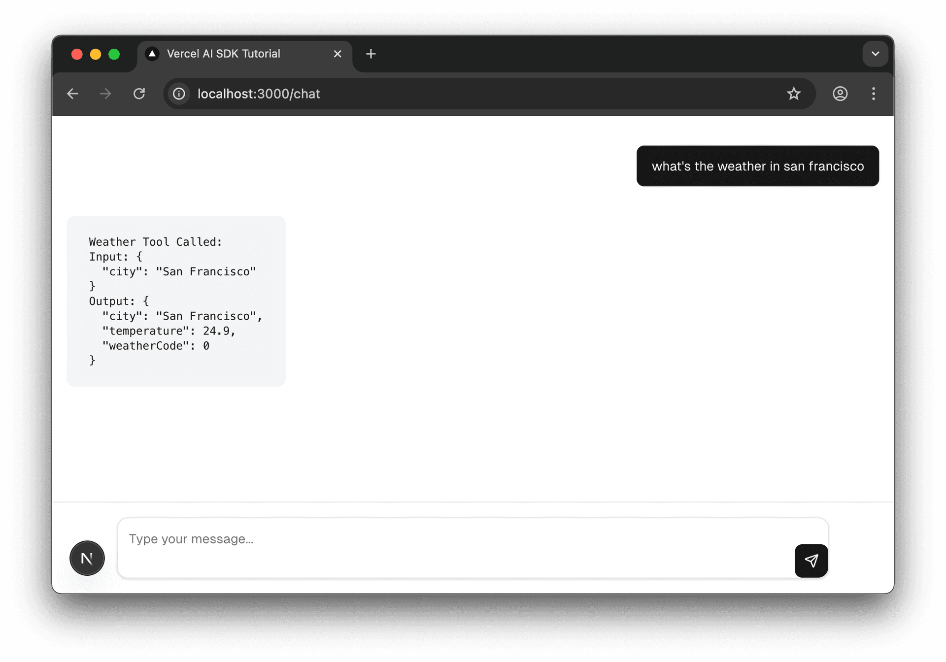 Screenshot of the chat UI showing the raw tool call data
