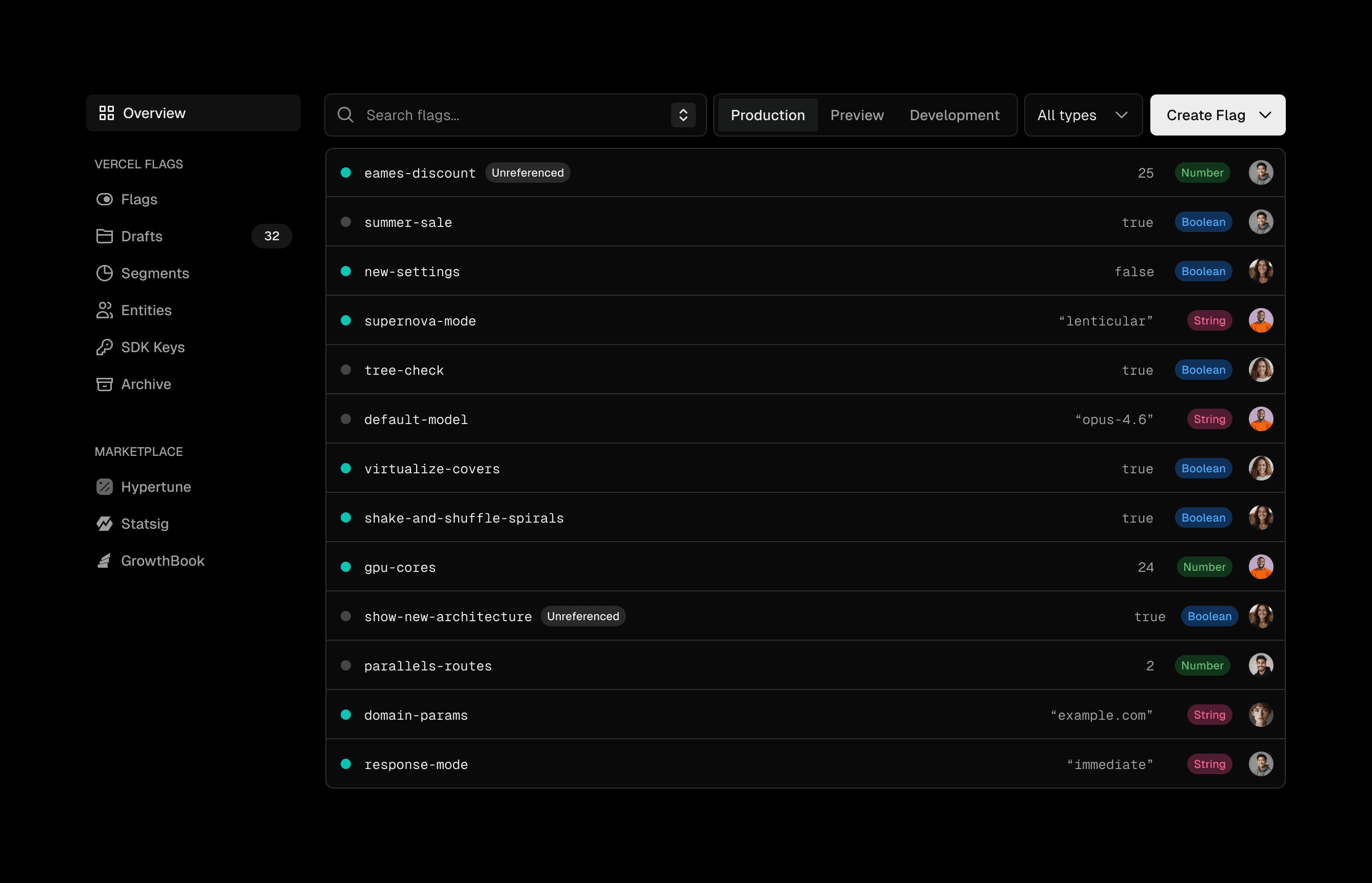 Managing flags in the dashboard.