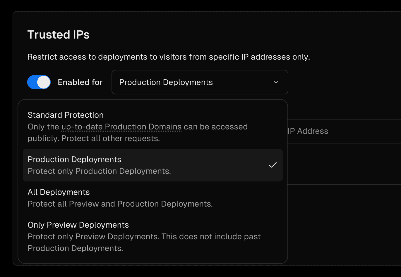 Selecting Only Production Deployments in the Vercel Dashboard.