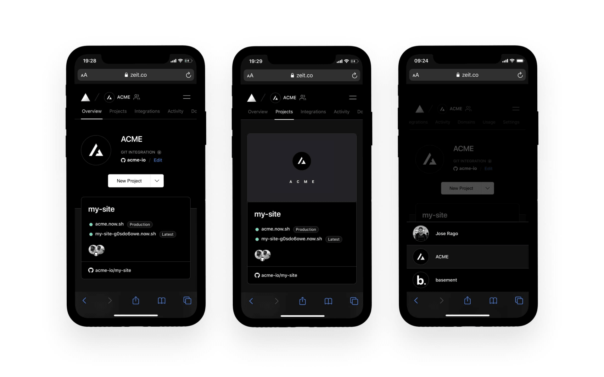The Vercel Dashboard on mobile.