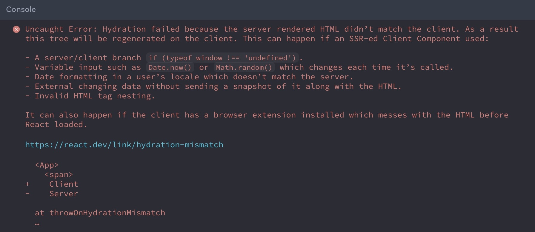 Example of an improved hydration error message in React 19.