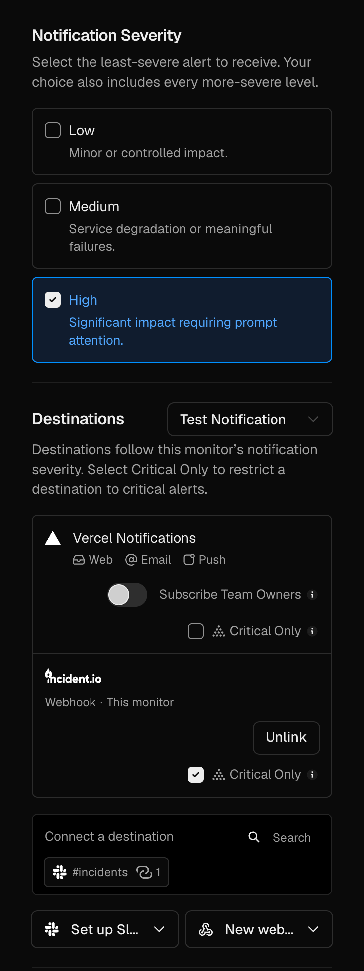 Monitor notification settings with an incident.io webhook set to Critical Only.