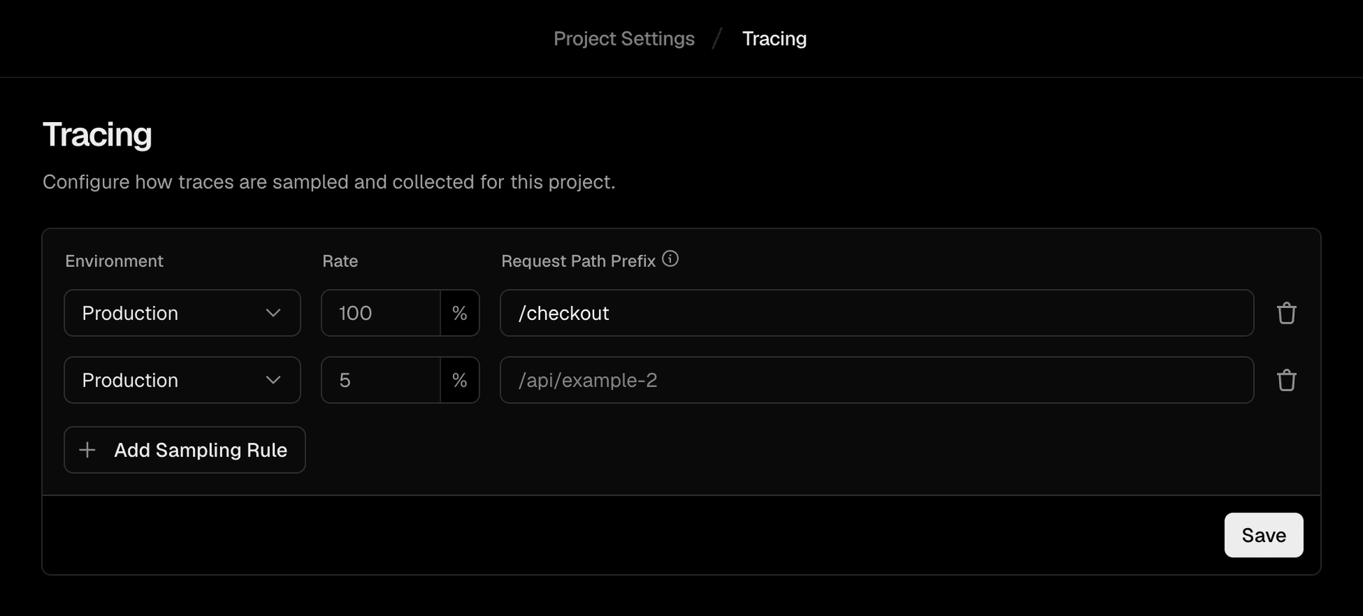 Configuring sampling rules for a project.