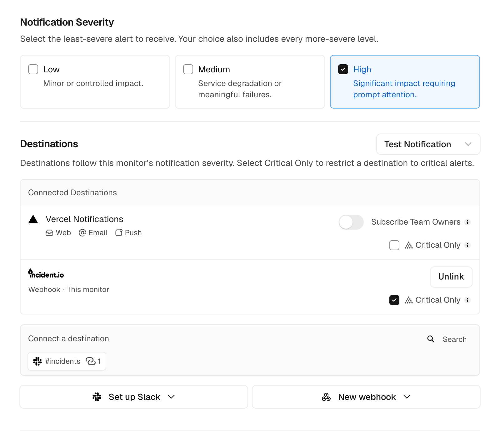 Monitor notification settings with an incident.io webhook set to Critical Only.