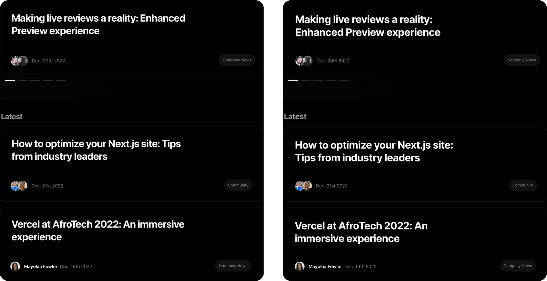 The Vercel blog, before and after React Wrap Balancer.