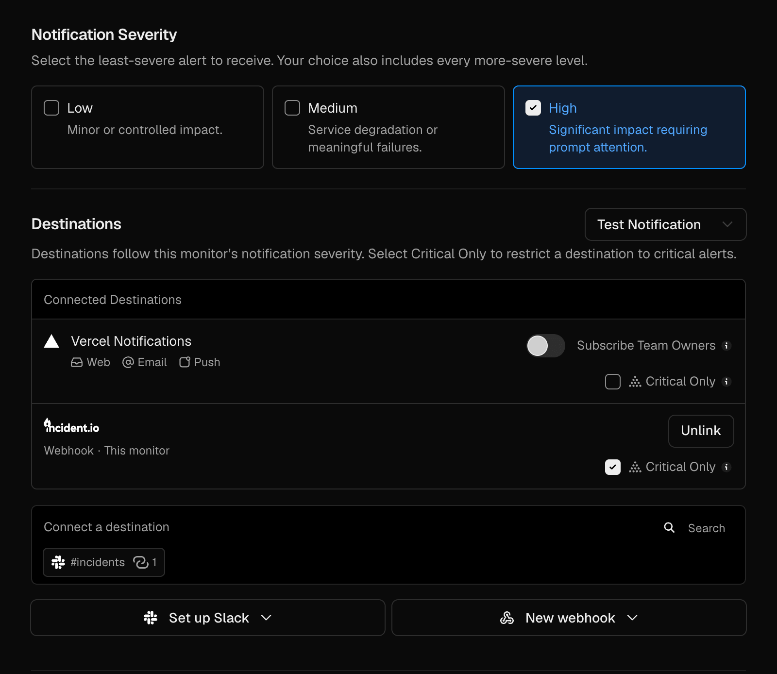 Monitor notification settings with an incident.io webhook set to Critical Only.