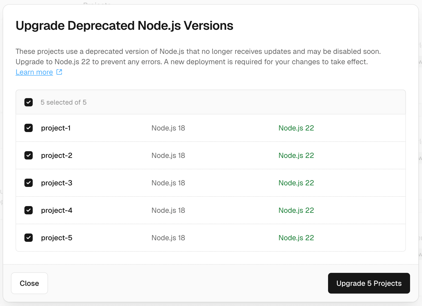 Vercel Upgrade Deprecated Node.js Version modal