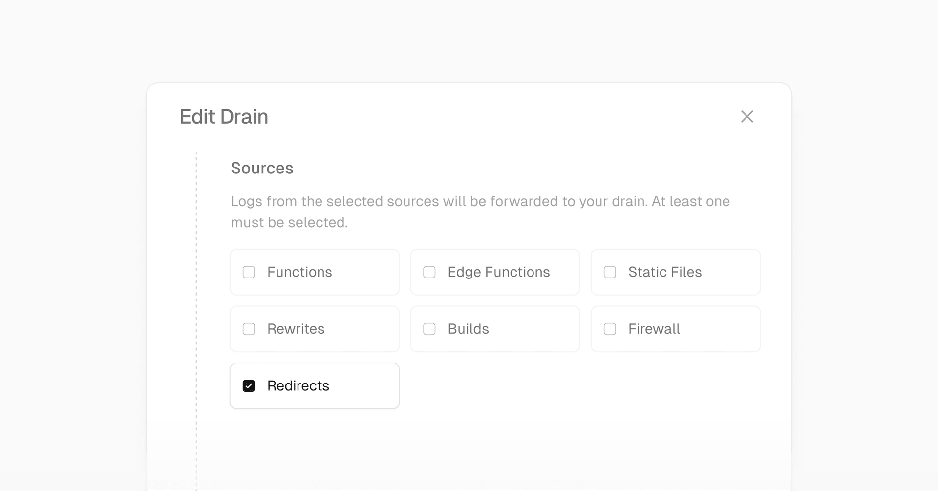 An image showing the Edit Drain modal to opt into Redirect request logs