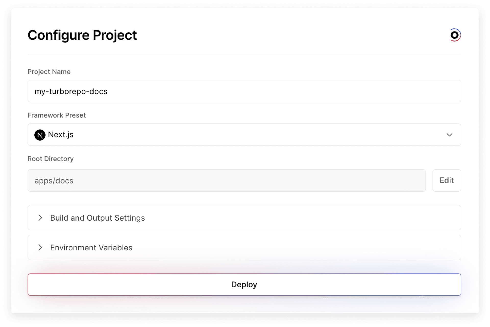 Settings to deploy a project from your Turborepo.