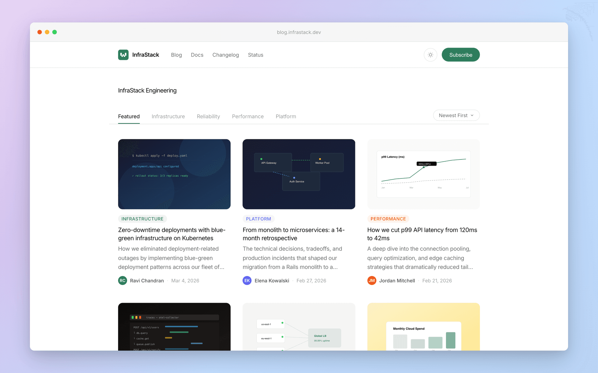 A Waldium-powered blog index page showing category tabs, post cards, and author avatars (InfraStack Engineering example)