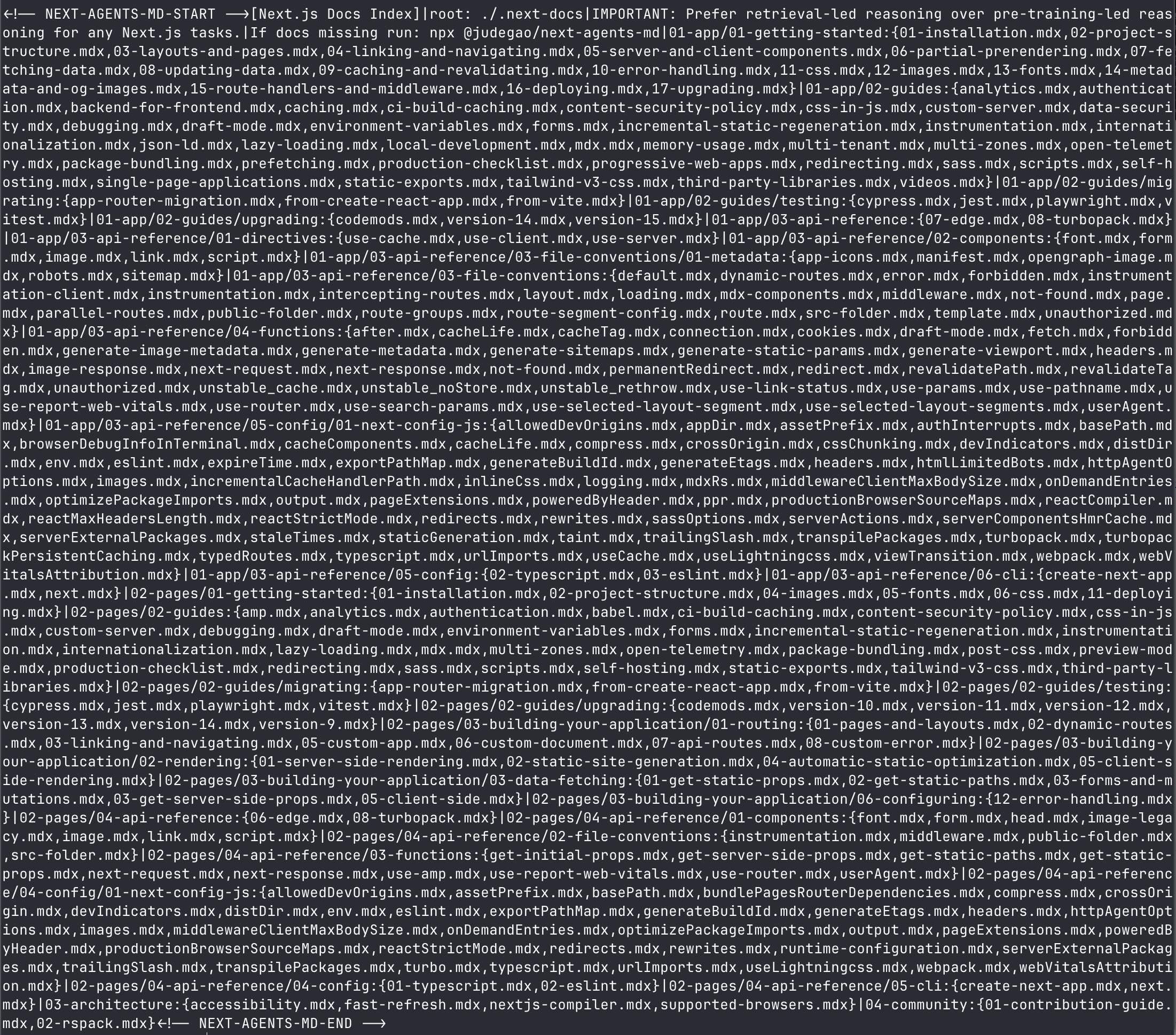 The full compressed docs index. Each line maps a directory path to the doc files it contains