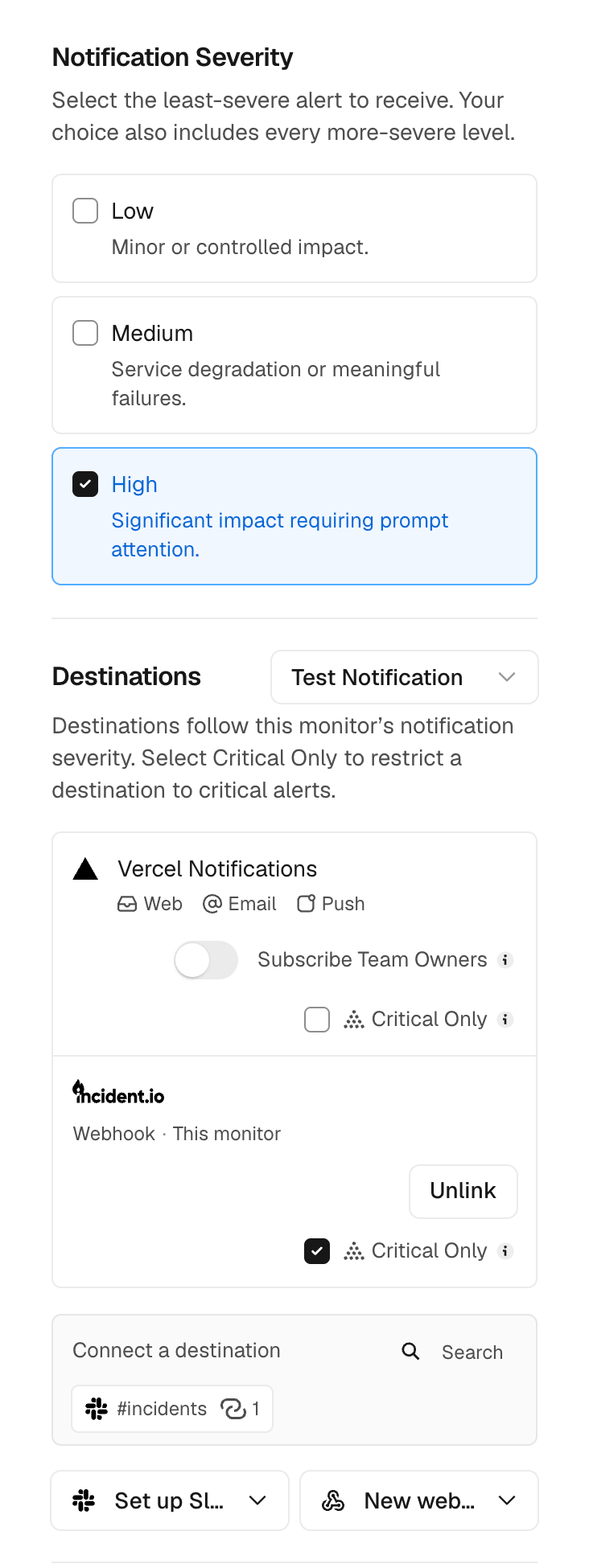 Monitor notification settings with an incident.io webhook set to Critical Only.