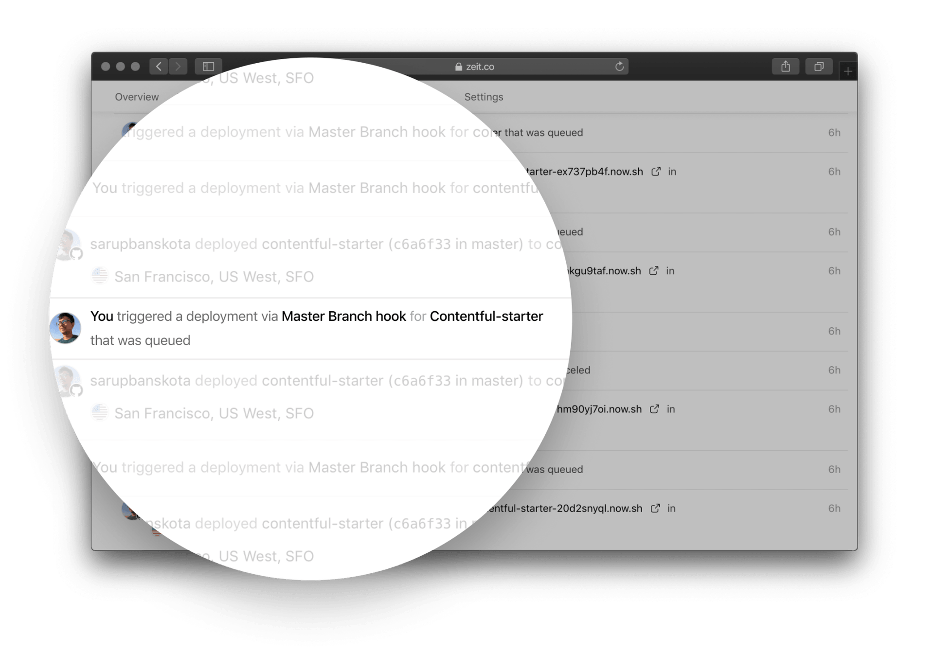 The Events timeline clearly showcases all the deployments, including their sources.