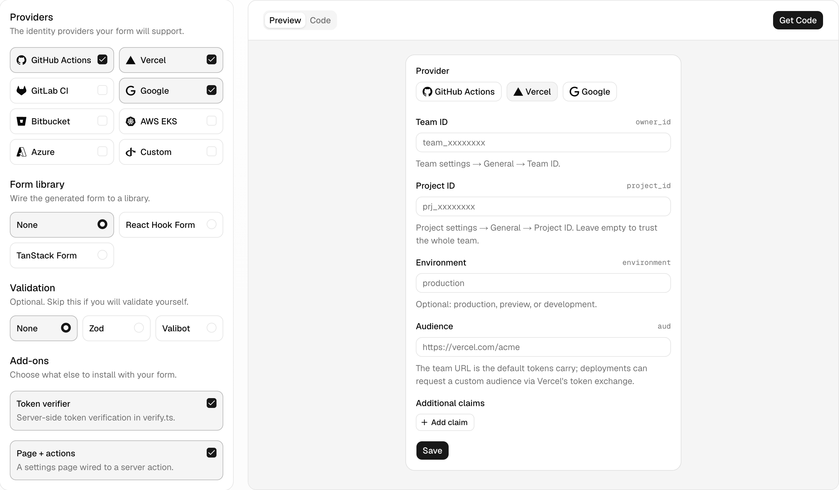 OIDC UI builder with identity provider, form library, and verifier options on the left and a Vercel trust-policy form preview on the right.