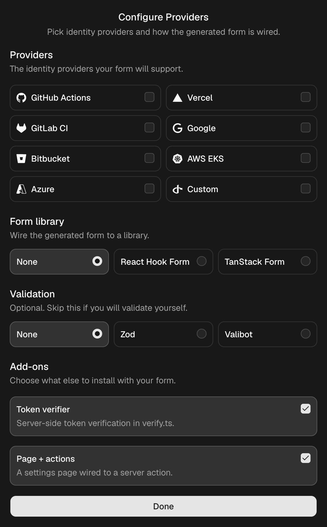 OIDC UI builder with identity provider, form library, and verifier options on the left and a Vercel trust-policy form preview on the right.