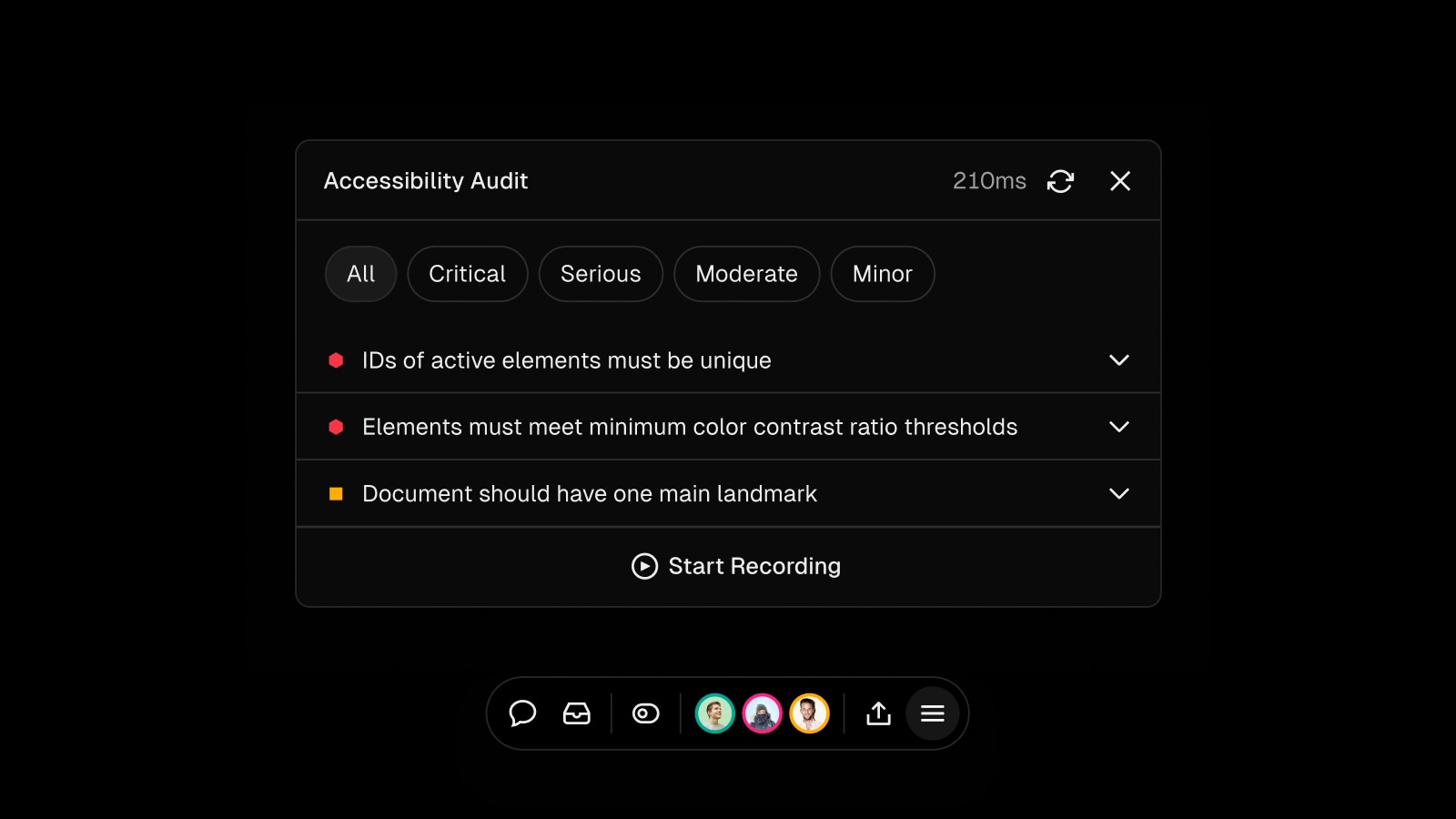 The accessibility audit tool is available on any page of your website and groups issues by impact.